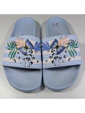 Adidas Womens Size 6 Blue Adilette Butterfly Floral Slides Sandals Slip On Shoes